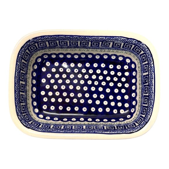 Boleslawiec Polish Pottery Peacock Baking Dish Loaf Pan Blue Red Dots Signed - Picture 2 of 10